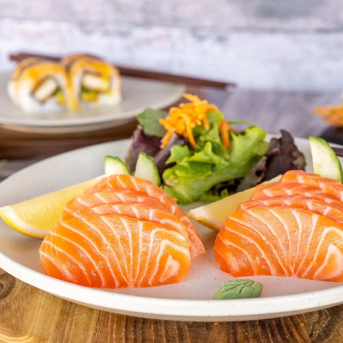 A plate of freshly sliced Sushi Ari salmon sashimi